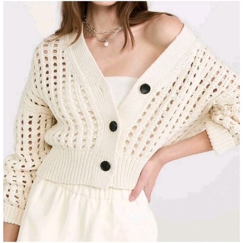 ALC Drew Open Knit Cardigan Sweater Womens Large Ivory Beige V-Neck Cotton